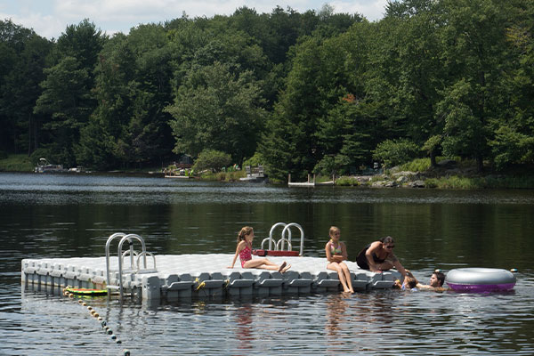 family on floating dock