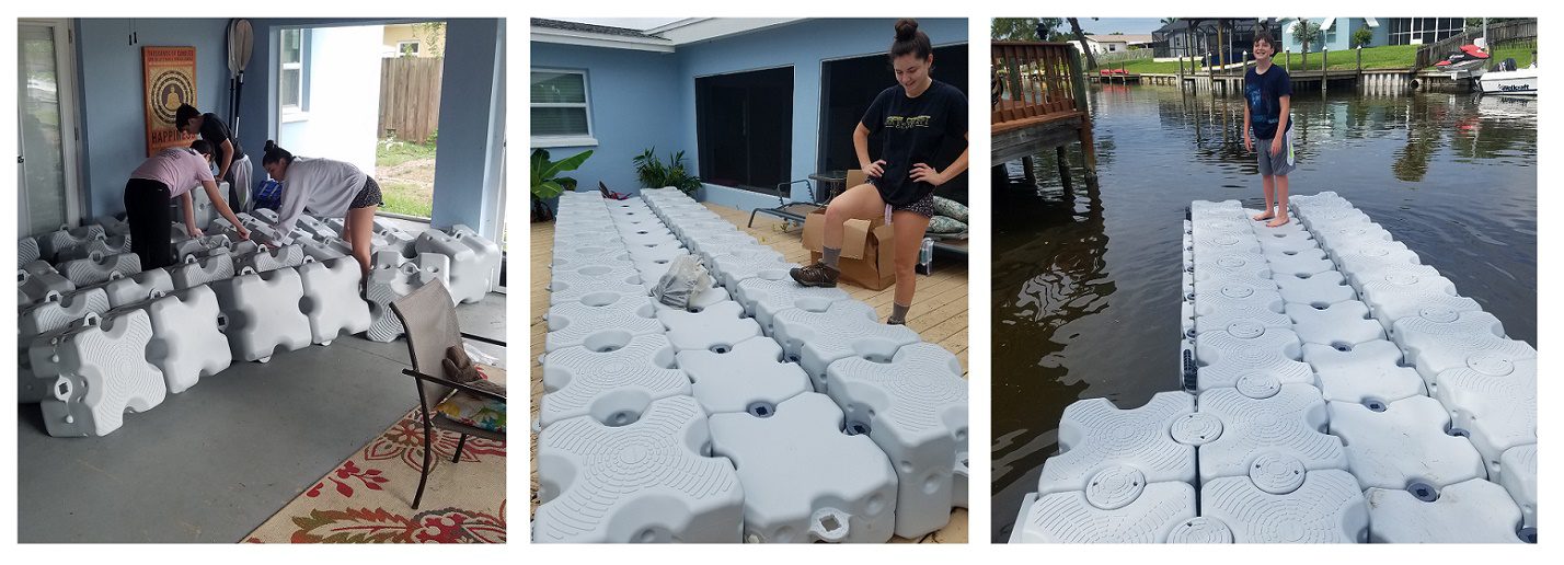 A three image series showing the process of a customer assembling a floating dock, with the third image being the end result in the water.