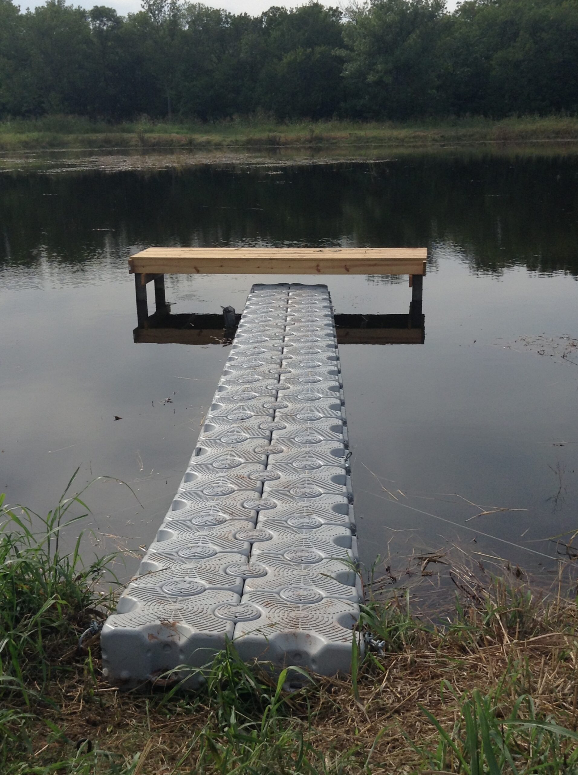 A floating dock in Oklahoma State University fishery pond