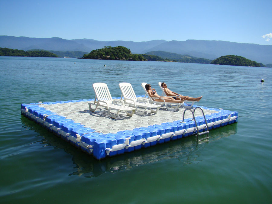 A floating swim dock in a beautiful lake