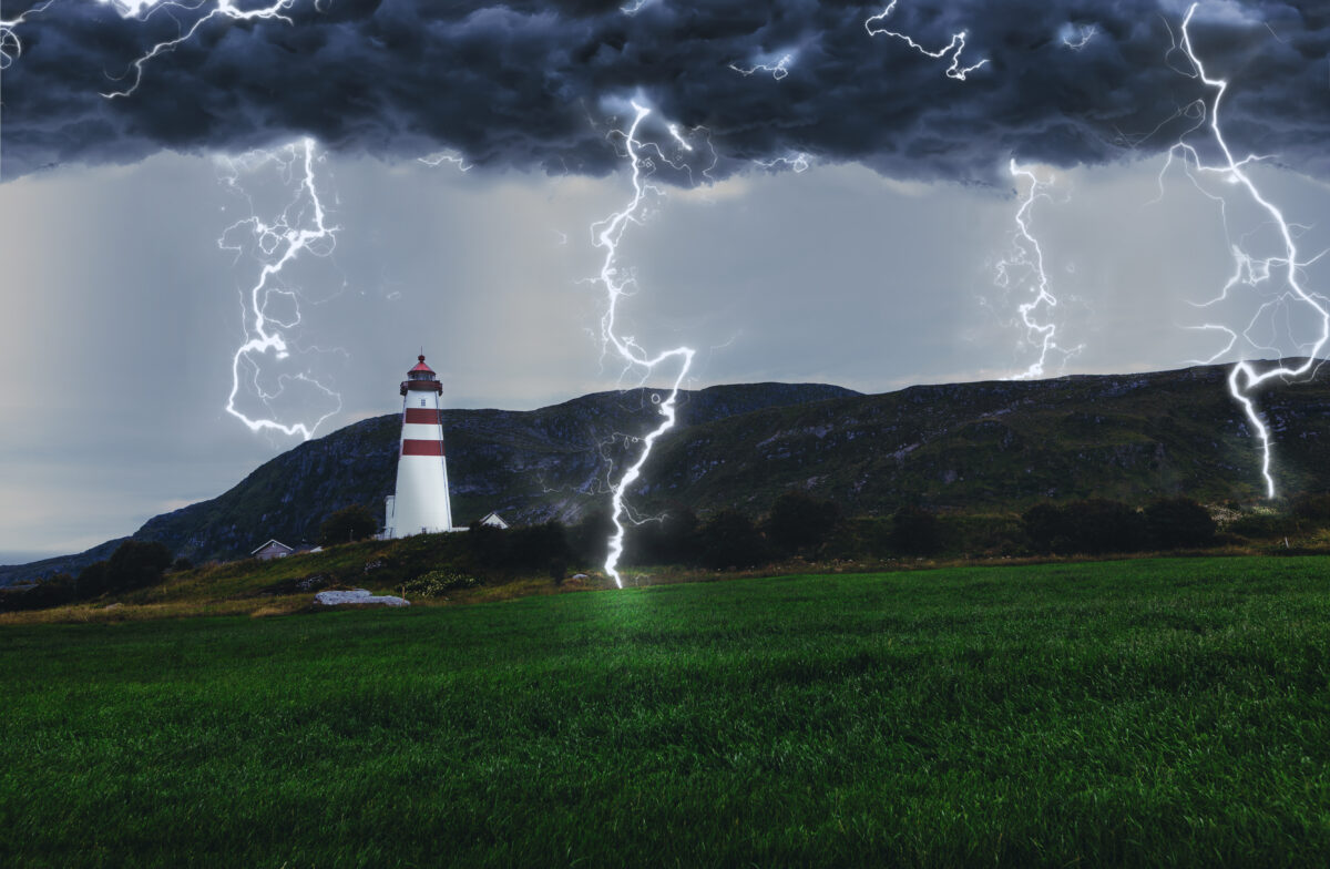A thunderstorm with lightning bolts