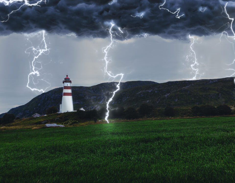 A thunderstorm with lightning bolts